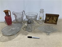 Glass vases, stein, painted vase, pitcher, trays