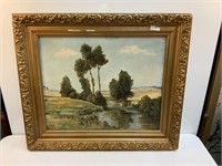 Framed Oil on Canvas Savanna Nature Scene, Stamped