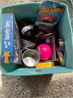 Blue bin with toys, new bubble machine, hot wheels