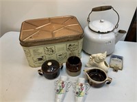 Vintage Home Goods Ceramics, Bread Tin, Kettle etc