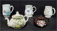 Group of 3 Kirin beer mug collection, & 2 tea pots