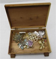 Wood Box w/Vintage Jewelry (Some Signed)