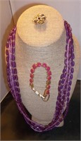 Vtg Purple Beads & Rhinestone Jewelry