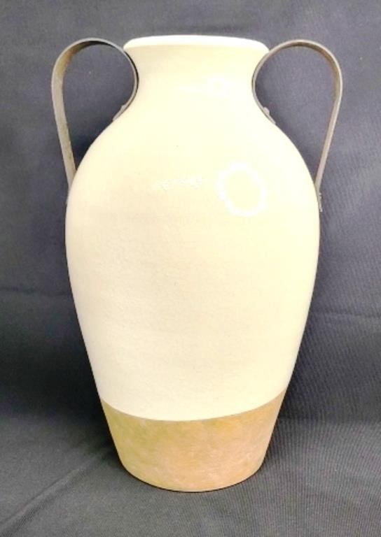 Lg Pottery Vase with Metal Handles