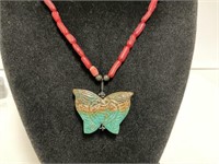 Sterling Coral & Butterfly Necklace 18.9grTW 18in
