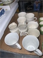 box lot of white banded cups and creamers