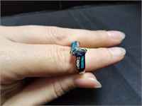 SS Ring w/Opal Marquise Tanzanite CZ Stone, Sz 8