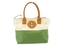 Tory Burch Green & White Logo Handbag