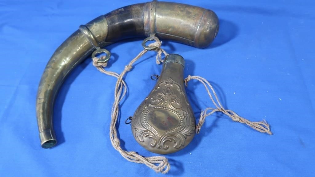 Antique Brass Powder Horn, Black Powder Flask