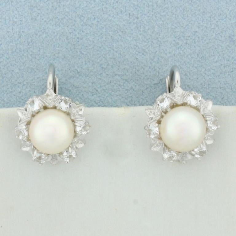 Cultured Pearl and CZ Earrings in 14k White Gold