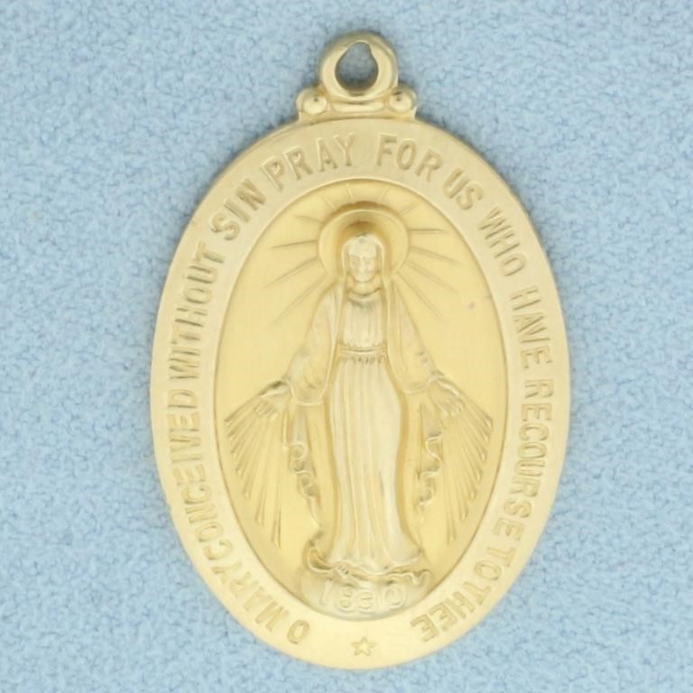 Large Miraculous Medal Virgin Mary Pendant in 14k