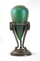 Victorian silver and art glass vase w rams heads