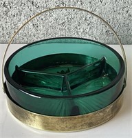 Vintage Green Glass & Brass Ashtray/Divided Dish
