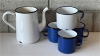 Vintage Blue Enamel Cups & White Coffee Pot