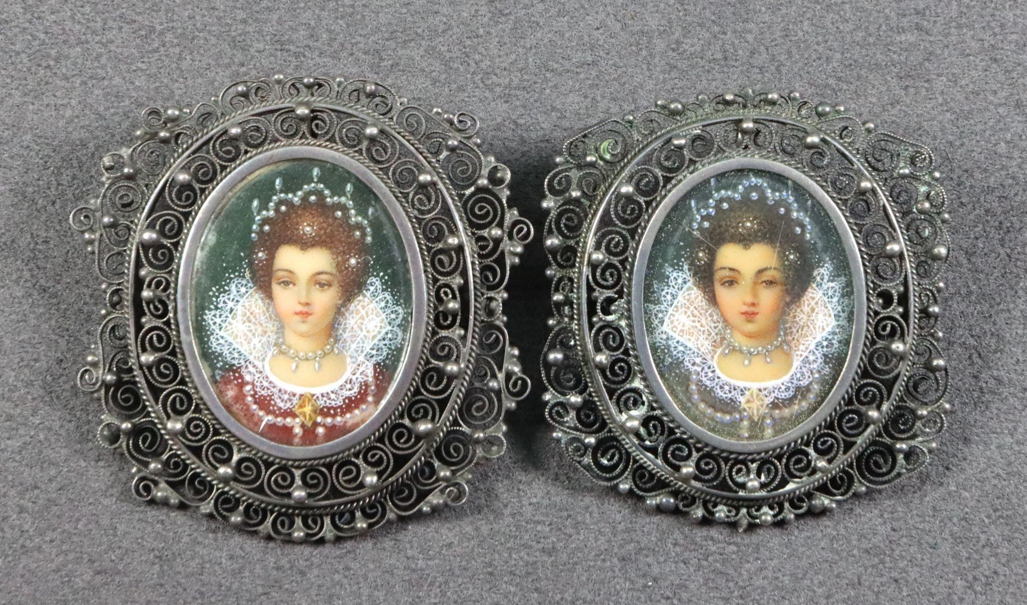 (2) Elizabethan Style Miniature Portrait Brooches