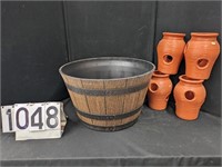 Composition Whiskey Barrel & 4 Planters