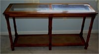 1970s Two Tier Walnut Console Table w/ Glass Top