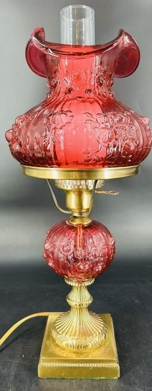 Beautiful Fenton Cranberry Embossed Rose Lamp
