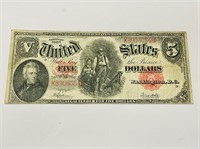 1907 US $5 Bill V Note Woodchopper