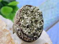 ADJUSABLE PYRITE RING WITH INTRICATE TOOLING