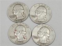 4- 1957 D Washington Silver Quarters