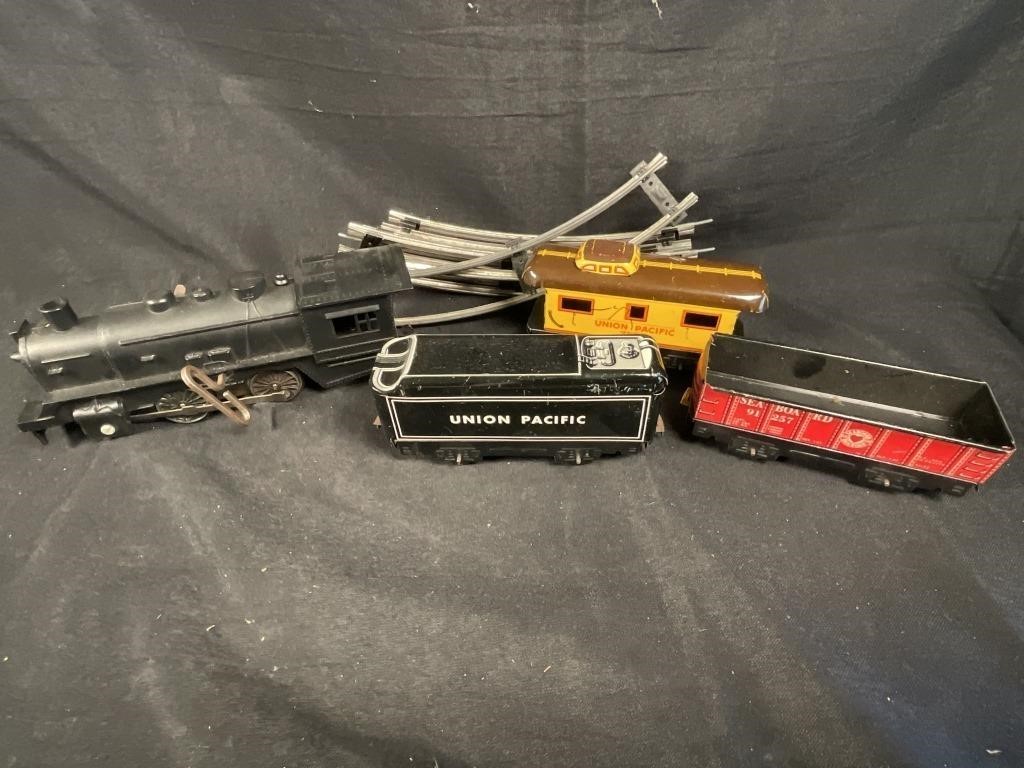 Vintage toy train pieces, Marx engine,