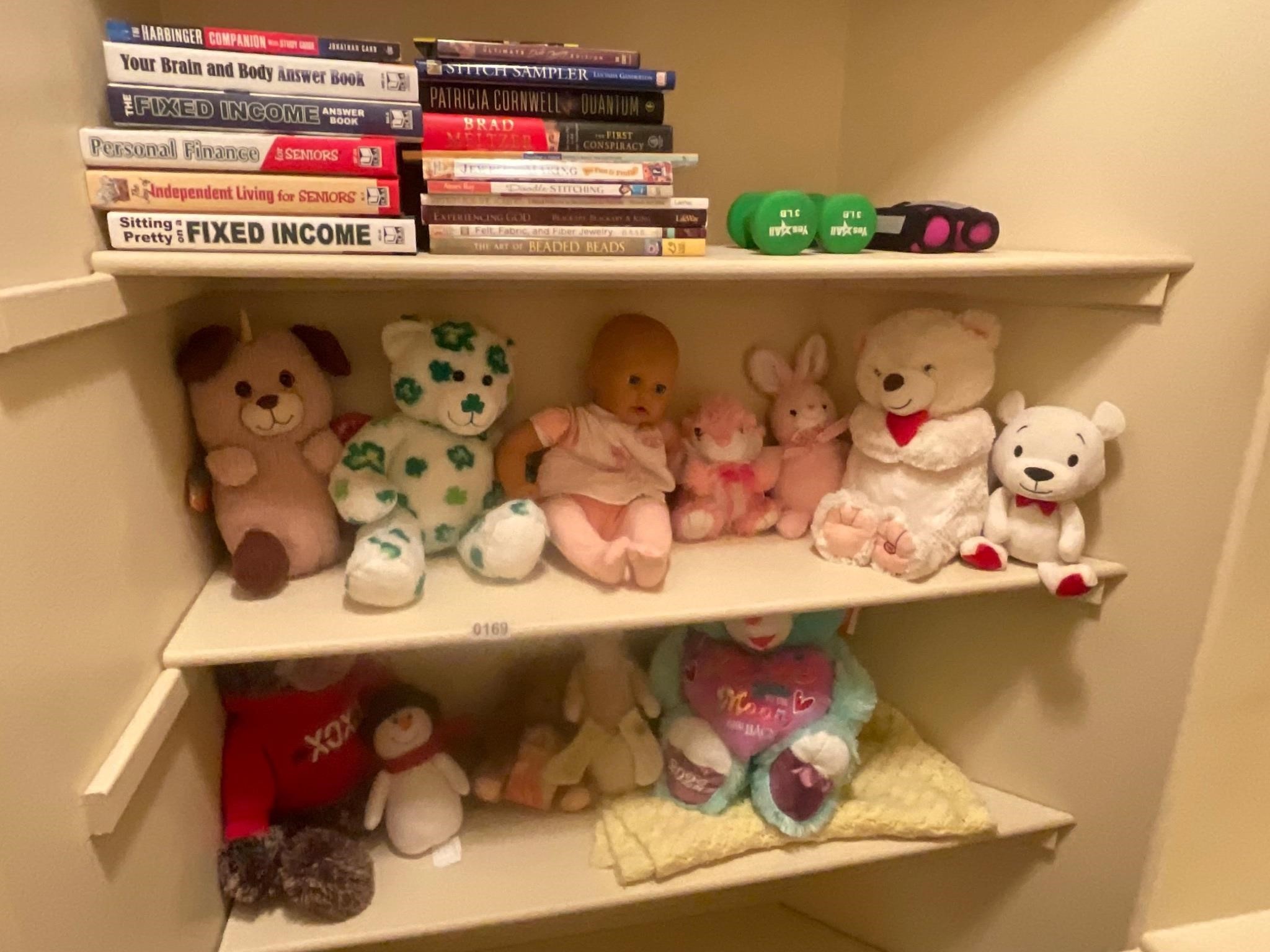 Stuffed animals, babies, books, all