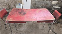 Red Mid Century Kitchen Table with 2 Metal Chairs