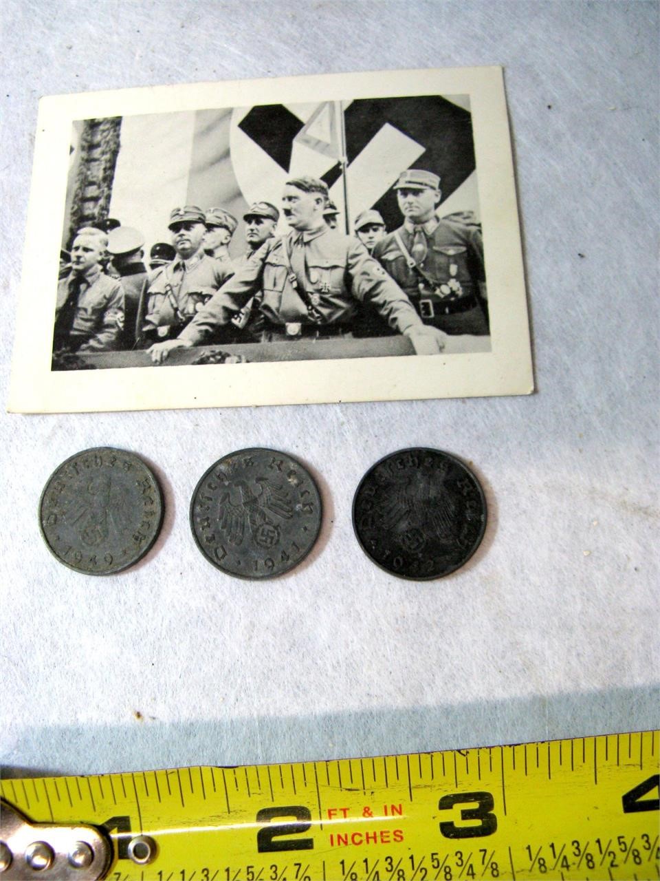 3 Pc 1940-42 German 10 Reichspfennig& Hitler Photo