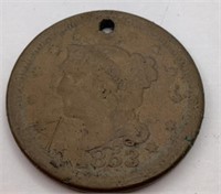 1853 Liberty Head Large Cent-DRILLED HOLE
