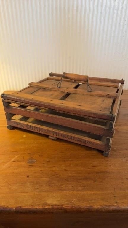 Antique wood egg crate carrier, made by comer