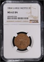 1864 LARGE MOTTO 2 CENT NGC MS-62 BN