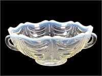 Clear Pressed Glass Handled Bowl w Opalescent Edge