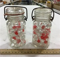 2 small glass jars w/ glass decor