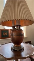 Antique iron and copper three light table lamp,