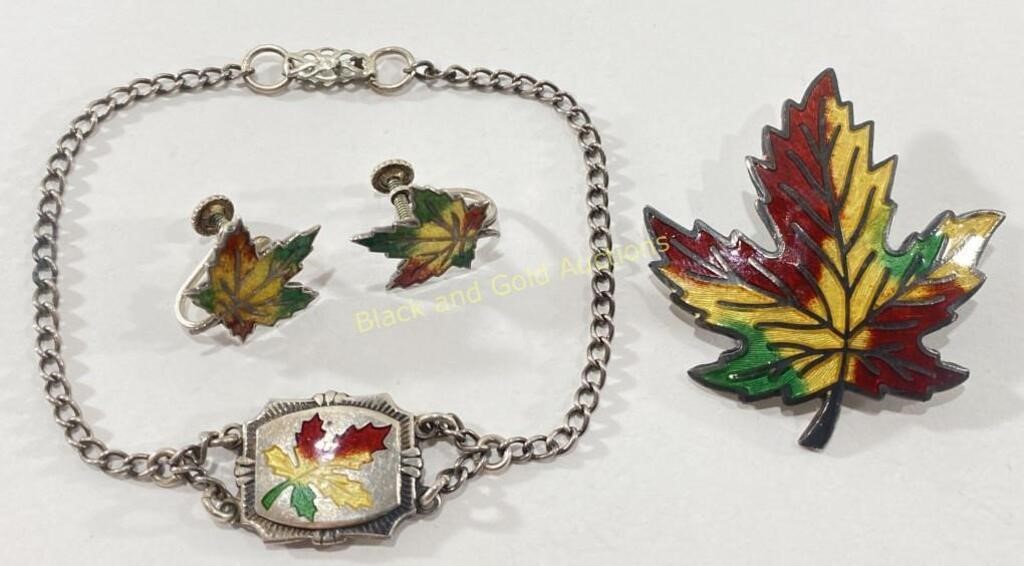 Sterling Silver Leaf Set: Bracelet, Earrings & Pin