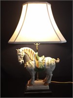 Chinese Pottery War Horse Table Lamp / Wood Base