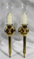 Pair brass wall sconce hurricanes, 19"