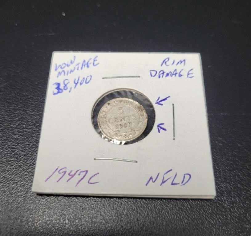 1947 Silver Newfoundland 5 Cent Coin