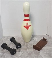 BOWLING PIN W/ STAND & HAND WEIGHTS