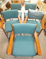 DINING CHAIRS - 5 PADDED, UPHOLSTERED ON CASTERS