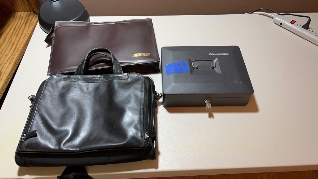 SentrySafe cash box with key, leather briefcases