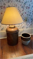 Antique copper bucket, table lamp, about a 3