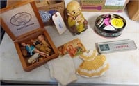 VINTAGE DOLLS AND CLOTHES- BANK-  BUTTONS- TINS
