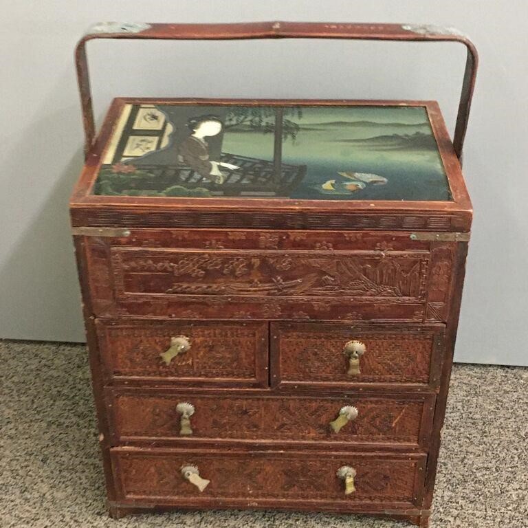 Oriental Chest With Drawers & Carved Handle