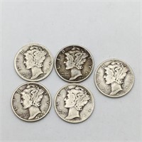 5 Silver Mercury Dimes