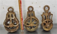 3 vintage metal pulleys