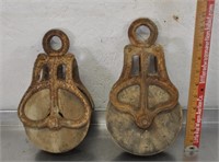2 vintage wood wheel pulleys