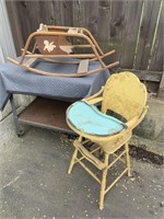 OLD WOOD HIGH CHAIR W/PORCELAIN TRAY & ROCKER