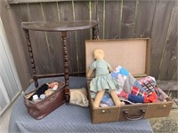 MISC LOT OLD SUITCASE/TABLE/DOLL